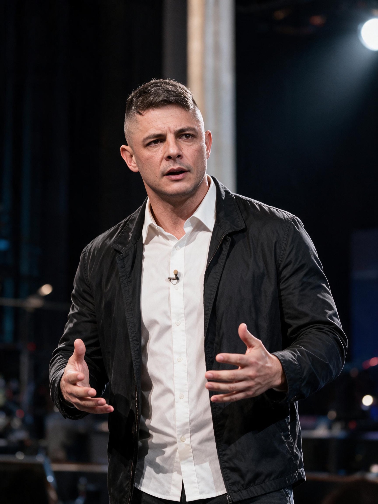 Major Ronald Cadar palestrando, gesticulando no palco